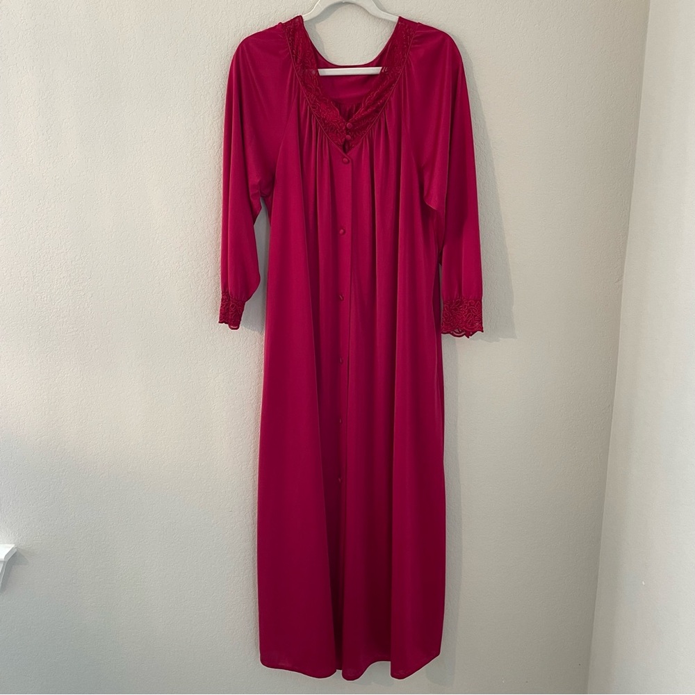Vintage ShadowLine shadow line Satin Lace Robe Button up Maxi Nightie